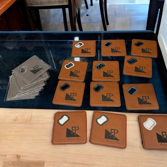 Custom leatherette bottle opener coaster laser engraved or UV printed