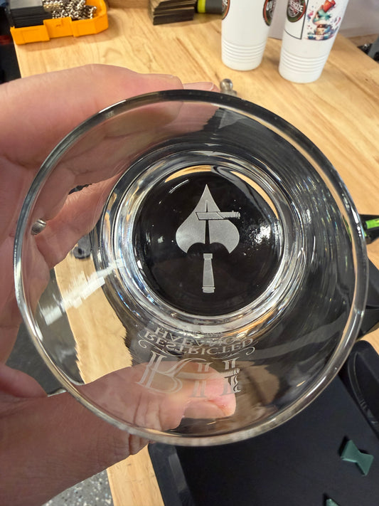 Custom sand blasted 10oz whiskey glass, personalized engraving