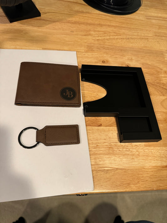Laser jig for JDS leatherette bi-fold wallet and keychain