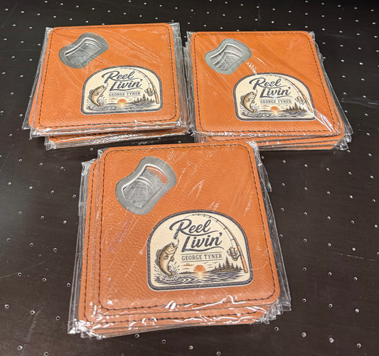 Packaged bottle-opener coasters with a UV-printed Reel Livin design and George Tyner personalization.